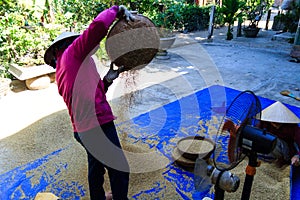 Vietnamese farmer working in font of their home