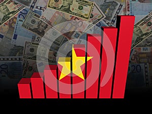 Vietnamese flag bar chart over Euros and Dollars illustration