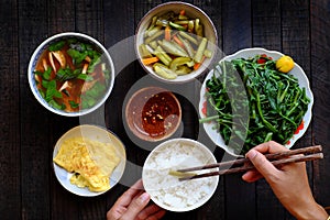 Vietnamese food for lunch, vegetarian meal with vegetables