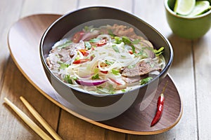 Vietnamese food, rice noodle soup with sliced beef
