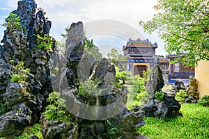 Vietnamese garden with rocks in Imperial City Hue, Vietnam Gate of the Forbidden City of Hue.