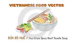 Vietnamese Hue style spicy beef noodle soup flat vector design. Bun Bo Hue Vietnam clipart cartoon style. Vietnamese cuisine