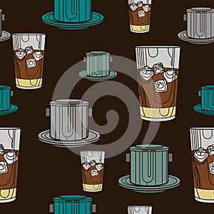 Vietnamese Iced Milky Coffee Vector Illustration Dark Background Seamless Pattern