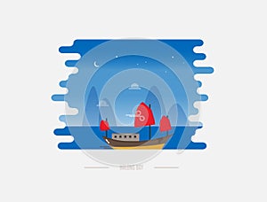 Vietnamese junk boat cruise in Halong bay vector illustration