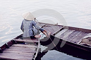 Evening scene on river in Hoi An photo