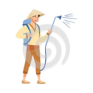 Vietnamese Man Farmer in Straw Conical Hat Watering Green Plants and Crops Vector Illustration