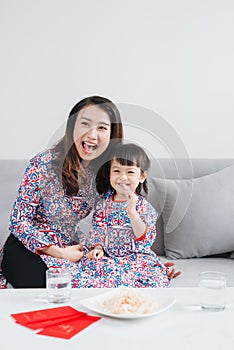 Vietnamese mother and daughter celebrate new year at home. Tet H