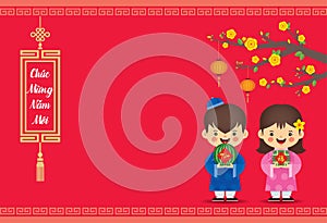 Vietnamese new year Tet - cartoon vietnamese couple holding watermelon & banh chung