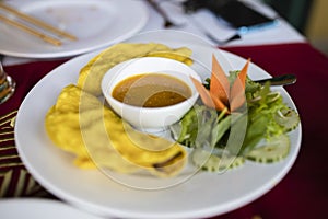 Vietnamese pancake with loads of Vietnamese favourite herb--the basil leaves