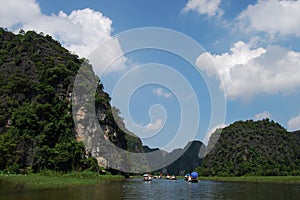 Vietnamese people and foreign traveler travel visit and amazing boat tour trip Tam Coc Bich Dong or Halong Bay on Land and Ngo