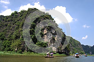 Vietnamese people and foreign traveler travel visit and amazing boat tour trip Tam Coc Bich Dong or Halong Bay on Land and Ngo