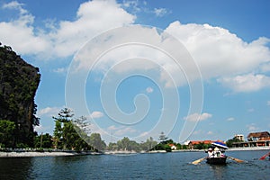 Vietnamese people and foreign traveler travel visit and amazing boat tour trip Tam Coc Bich Dong or Halong Bay on Land and Ngo