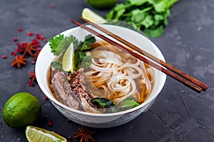 Vietnamese Pho Noodle Soup. Beef with Chilli, Basil, Rice Noodle