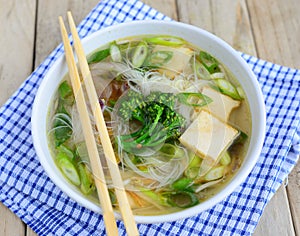 Vietnamese Rice noodle Soup with vegetables and tofu