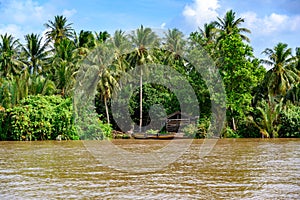 Vietnamese shack located at tributary river of Mekong River, near Ho Chi Minh City, Vietnam