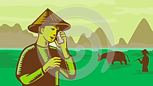 Vietnamese Southeast Asian Farmer Using Mobile Phone in Farm WPA Retro