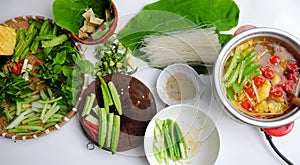 Vietnamese vegan food, green vegetables hot pot homemade