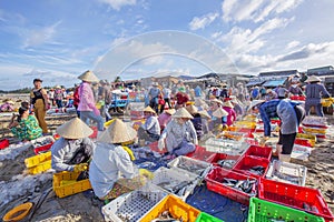 Vietnamese woman working on the beach at Long Hai fish market