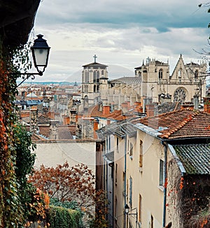 The vieux lyon, view of the Lyon old town ad te saint jean cathedral from the fouviere hill, Lyon, France autumn
