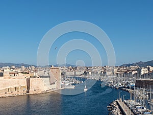 Vieux Port Old Port, Marseille and Fort Saint Jean seen from the Pharo Palace