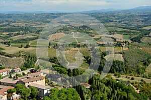 Viev of San Gimignano and surrounding landscape.