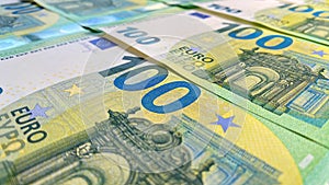 View of 100 euro banknotes. Cash banknotes. Financial business background concept. Background of cash euro bills. Money background