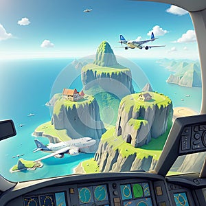 View of 3d airplane with travel destination landscape,