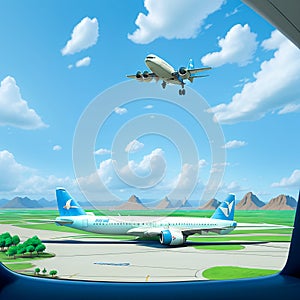 View of 3d airplane with travel destination landscape,