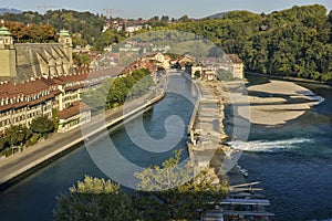 View of Aare river dam and old city of Bern. Switzerland