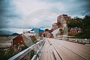 View of the abandoned Kennecott Mine UNESCO historical site building, with the bridge in the foreground. Located in Wrangell St.