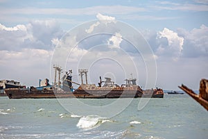 View of a abandoned ships carcasses in the ships cemetery, graveyard ships on the atlantic ocean