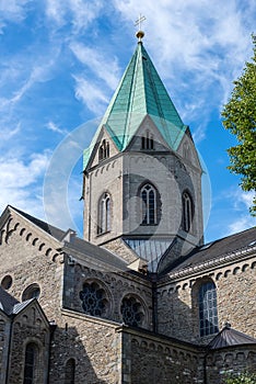 View of the abbey church of St. Ludgerus in Essen-Werden, North Rhine-Westphalia, Germany