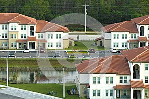 View from above of apartment residential condos in Florida suburban area. American condominiums as example of real