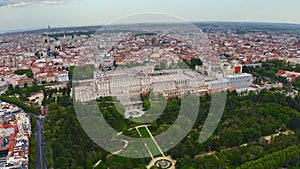 View from above beautiful tourist historical city capital Spain Madrid official residence Spanish royal family monarchs