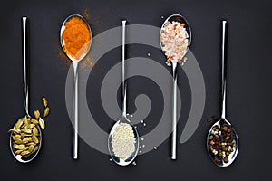 View from above. On a black background a spoon with various spices.