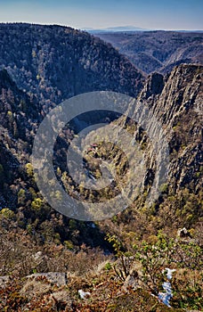 View from above of the Bodetal in the Harz mountains. Saxony-Anhalt, Harz, Germany