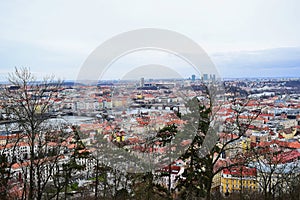 A view from above of the bridges across the Vltava River in the city of Prague.