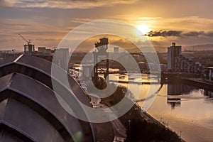 View from above of the Clyde Auditorium and Clyde Arc Bridge, Glasgow photo