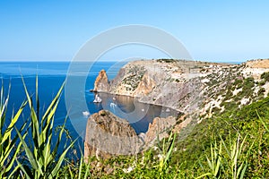 View from above on the coast of Fiolent, in the bay can be seen a rock in the sea and Inflatable round plateun fon