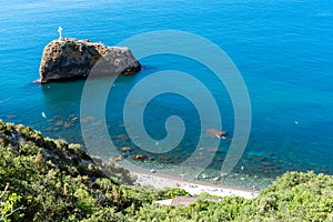 View from above on the coast of Fiolent, in the bay can be seen a rock in the sea and Inflatable round plateun fon