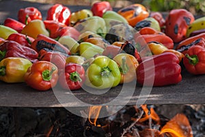 View from above of colorful red, green and yellow stuffed veggy savory bell peppers