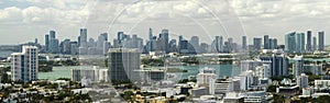 View from above of concrete and glass skyscraper buildings in downtown district of Miami Brickell in Florida, USA