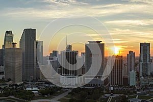 View from above of concrete and glass skyscraper buildings in downtown district of Miami Brickell in Florida, USA at