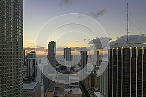 View from above of concrete and glass skyscraper buildings in downtown district of Miami Brickell in Florida, USA at