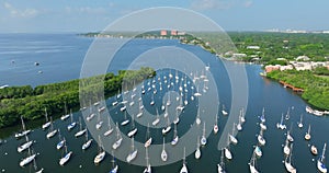 View from above of Dinner Key marina and Biscayne Bay in Coconut Grove upscale neighborhood with many expensive yachts