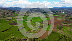 View from above, drone video, flying over wonderful green fields and meadows