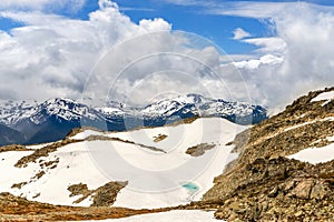 View from above on an emerald lake in the rocky mountains, on wh