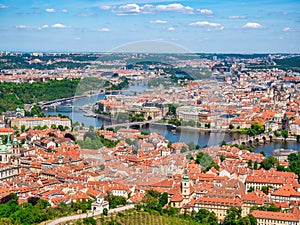View from above with the famous Charles Bridge over Vltava river in Prague, Czech Republic