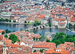 View from above with the famous Charles Bridge over Vltava river in Prague, Czech Republic