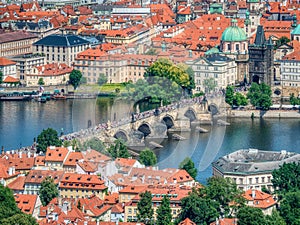 View from above with the famous Charles Bridge over Vltava river in Prague, Czech Republic